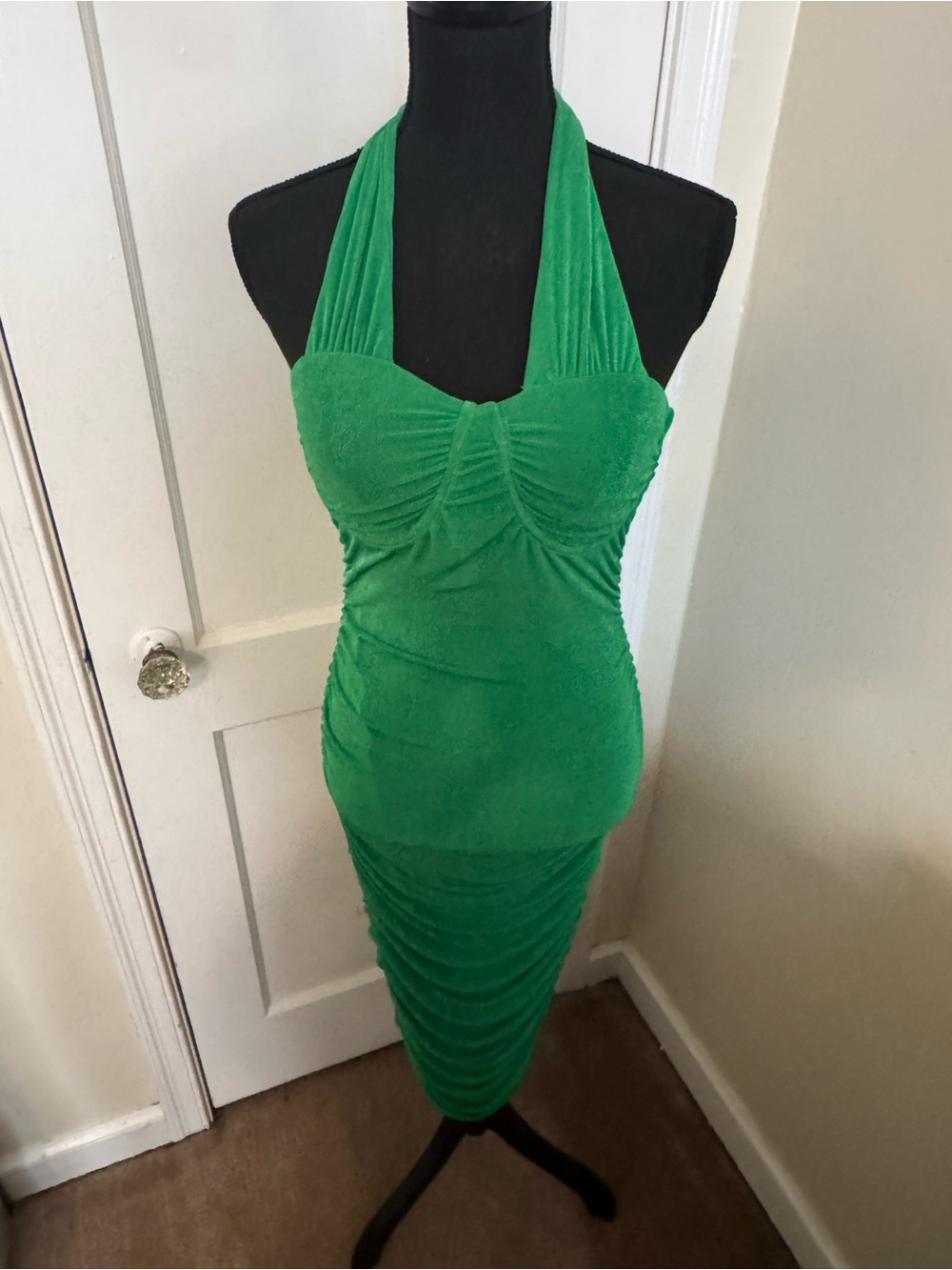 Fashion Nova Emerald Green Halter Ruched Midi Dress